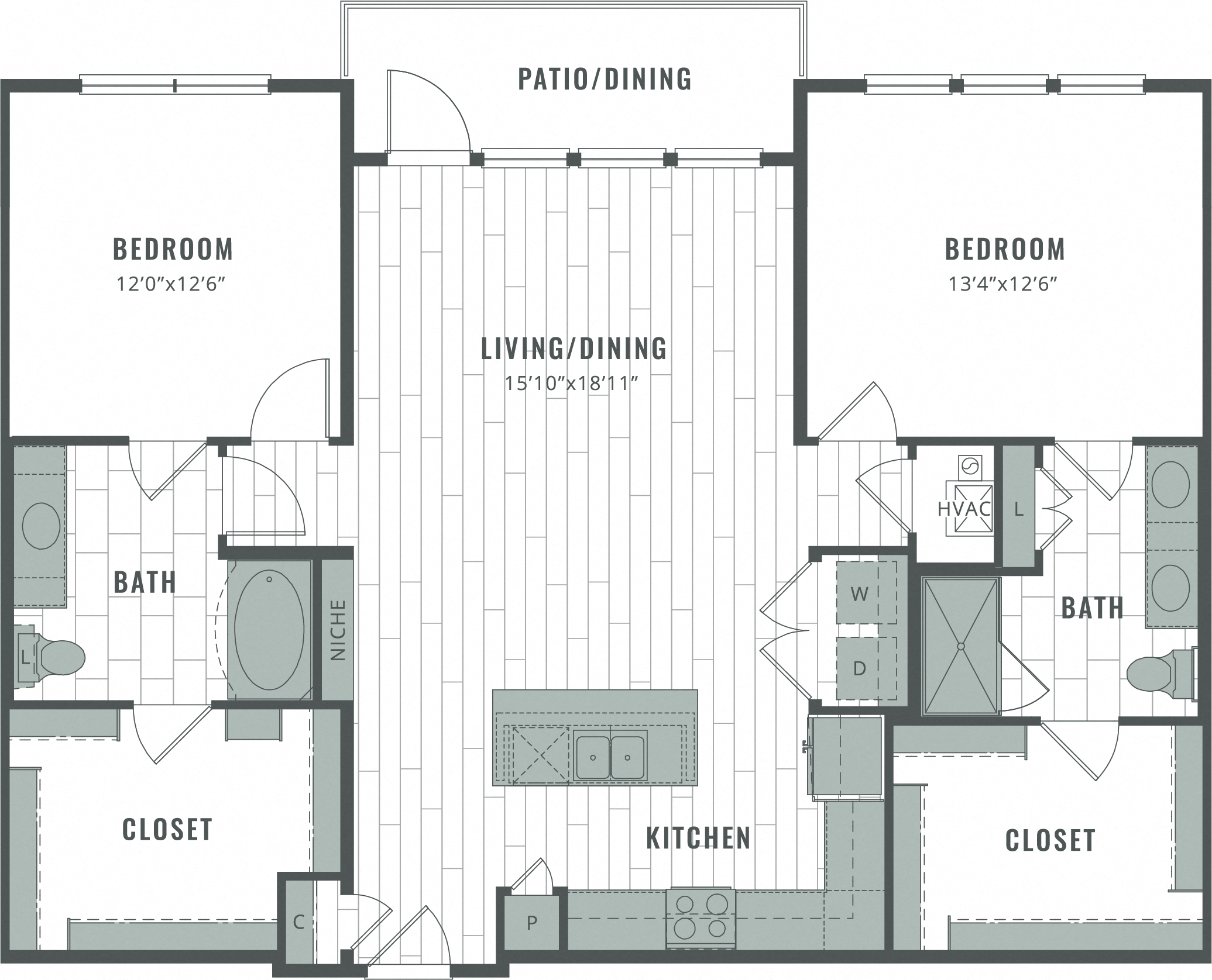 Floor plan for 2 beds, 2 baths, 1362 sqft